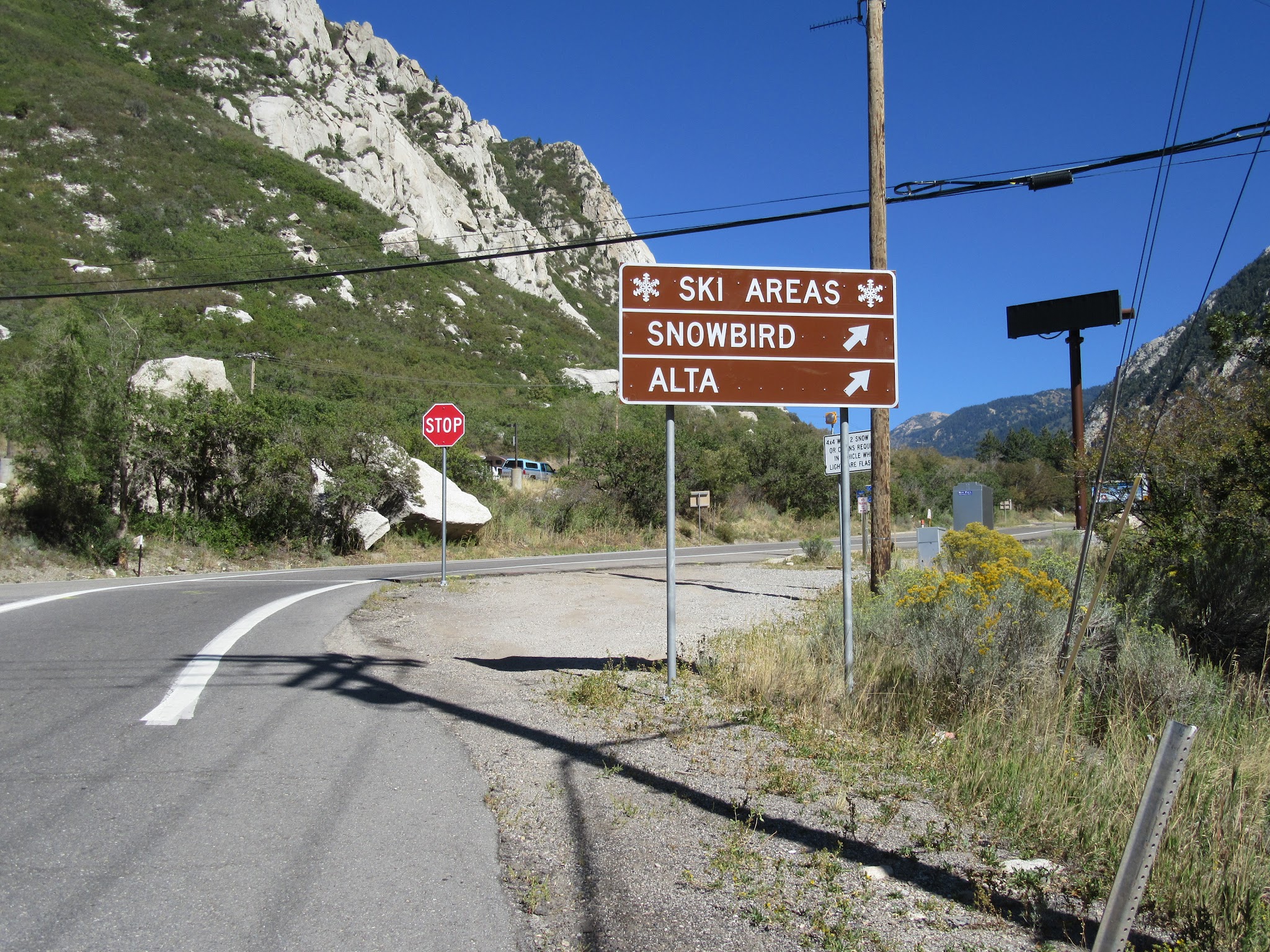 Beginning of climb by bike up Little Cottonwood Canyon - street signs