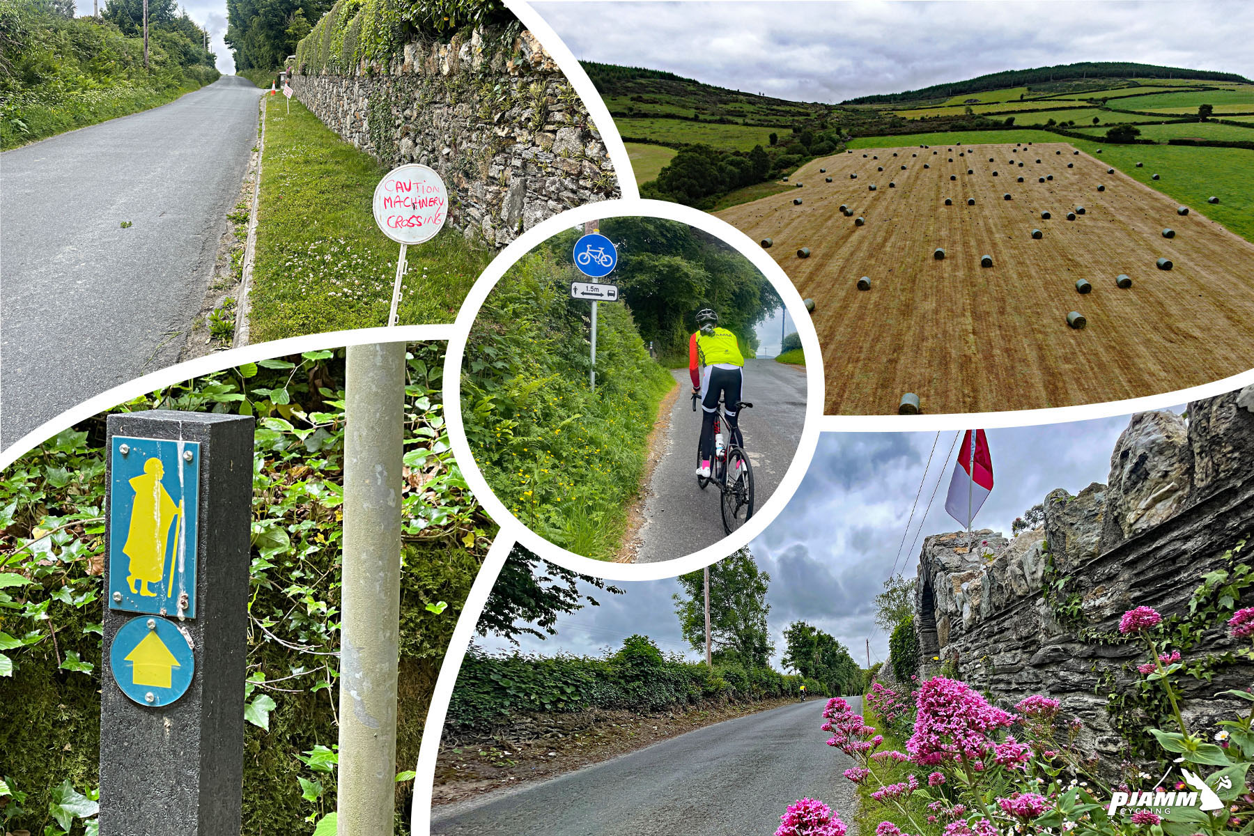 photo collage shows stone wall with pink flowers in front of it; sign for Monks walking, and fields with bales of hay