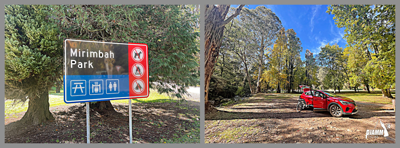 climb start; road sign for Mirimbah Park