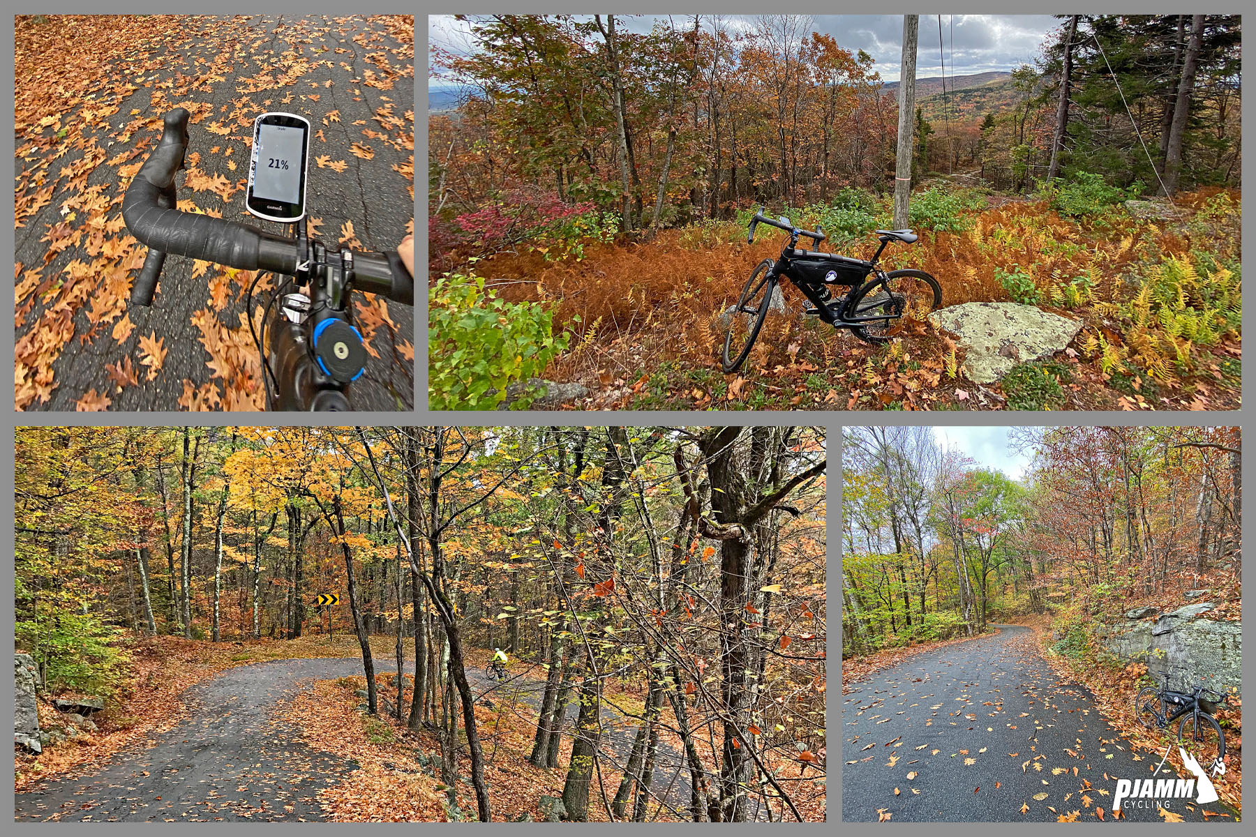 Cycling Pack Monadnock, New Hampshire - photo collage, fall foliage on trees and roadway, PJAMM Cycling logo in corner