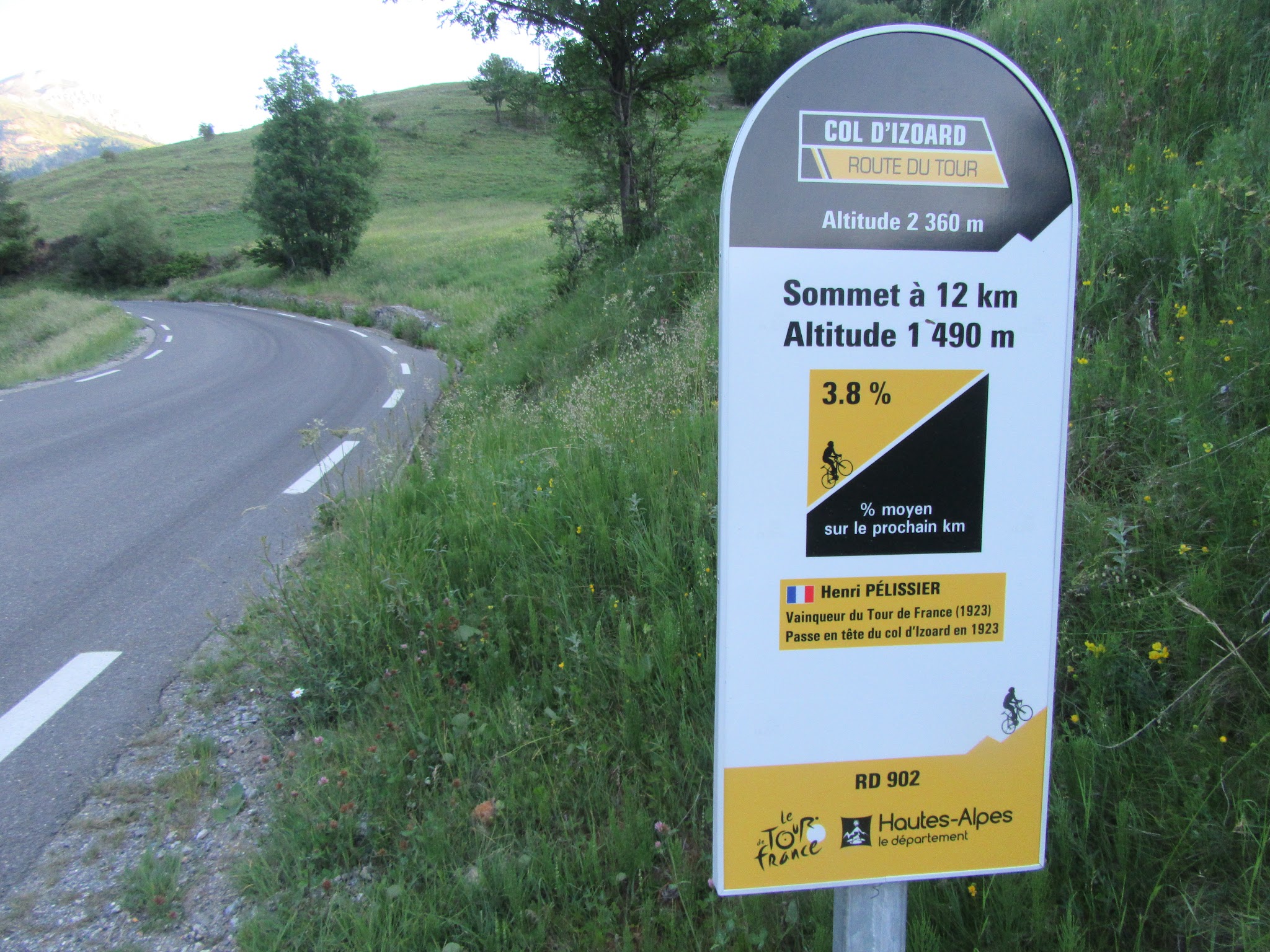 Bike climb Col d’Izoard Guillestre Tour de France kilometer signs on roadway