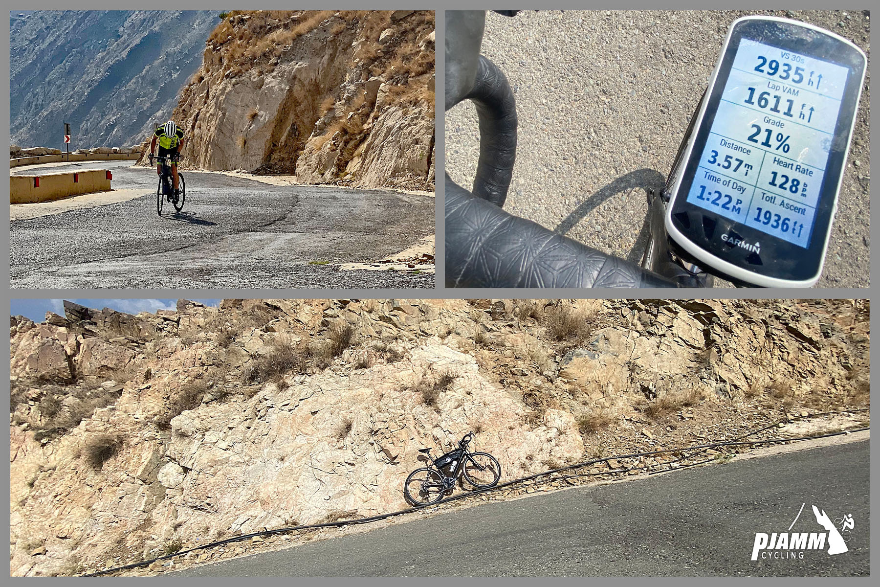 Cycling Almdan Pass, Saudi Arabia - photo collage, PJAMM Cycling logo in corner, Garmin device reads 21%, bike parked on side of steep roadway leaning against rock wall