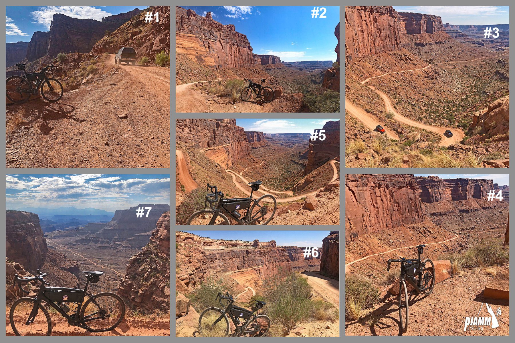 Cycling Shafer Trail, Canyonlands National Park - photo collage, PJAMM Cycling logo in corner, progression of climb's gradient at various points along the way