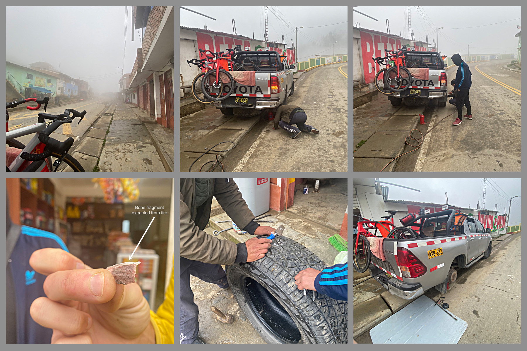 Cycling Punta Callan East, Peru - photo collage shows men repairing tire on SAG truck loaded with PJAMM's bikes, one picture shows an up close of the bone fragment that popped a hole in the tire