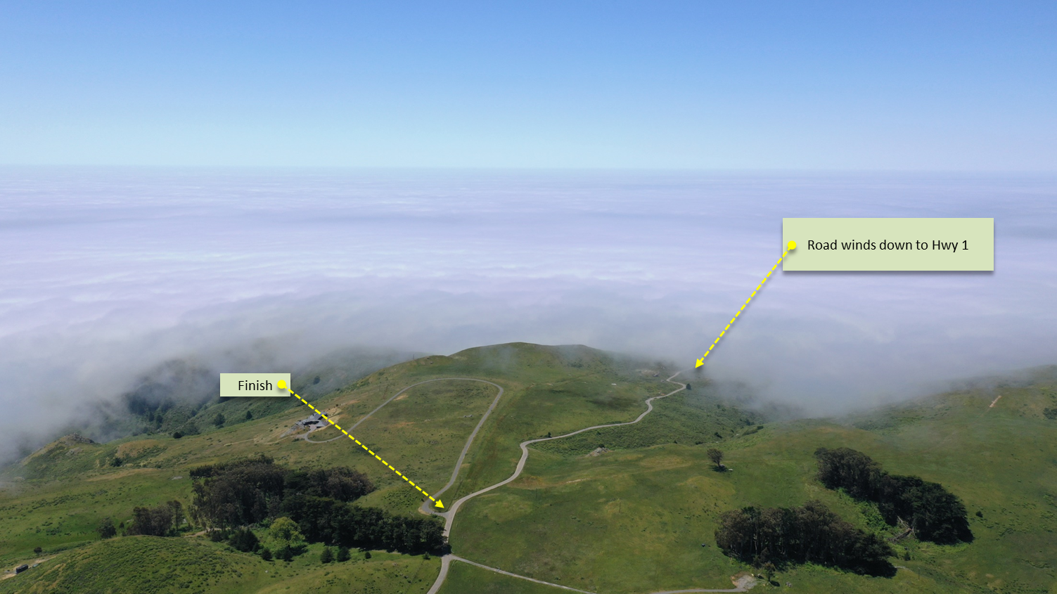 Top of Coleman Valley Road Cycling Coleman Valley Road - aerial drone photo of road and fog over Pacific Ocean
