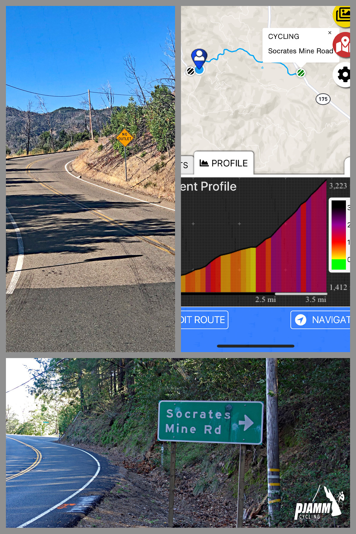 Cycling Socrates Mine Road, Lake County, California - photo collage, PJAMM Cycling logo in corner, climb profile and map overview, curved two-lane roadway with dead trees on sides, sign for Socrates Mine Road