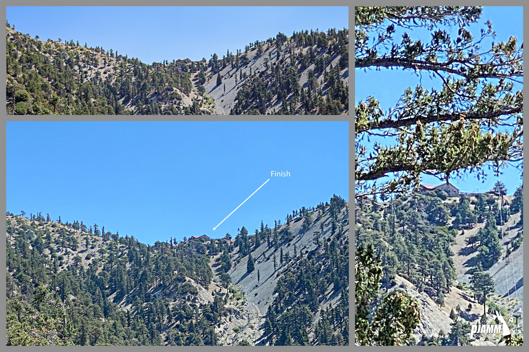 Photo collage shows the climb finish in the distance, points out Top of the Notch
