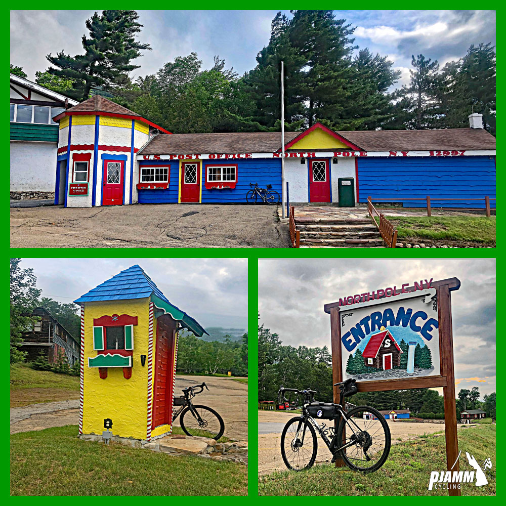 Cycling Whiteface Mountain - brightly colored buildings noting "US Post Office North Pole N.Y." 