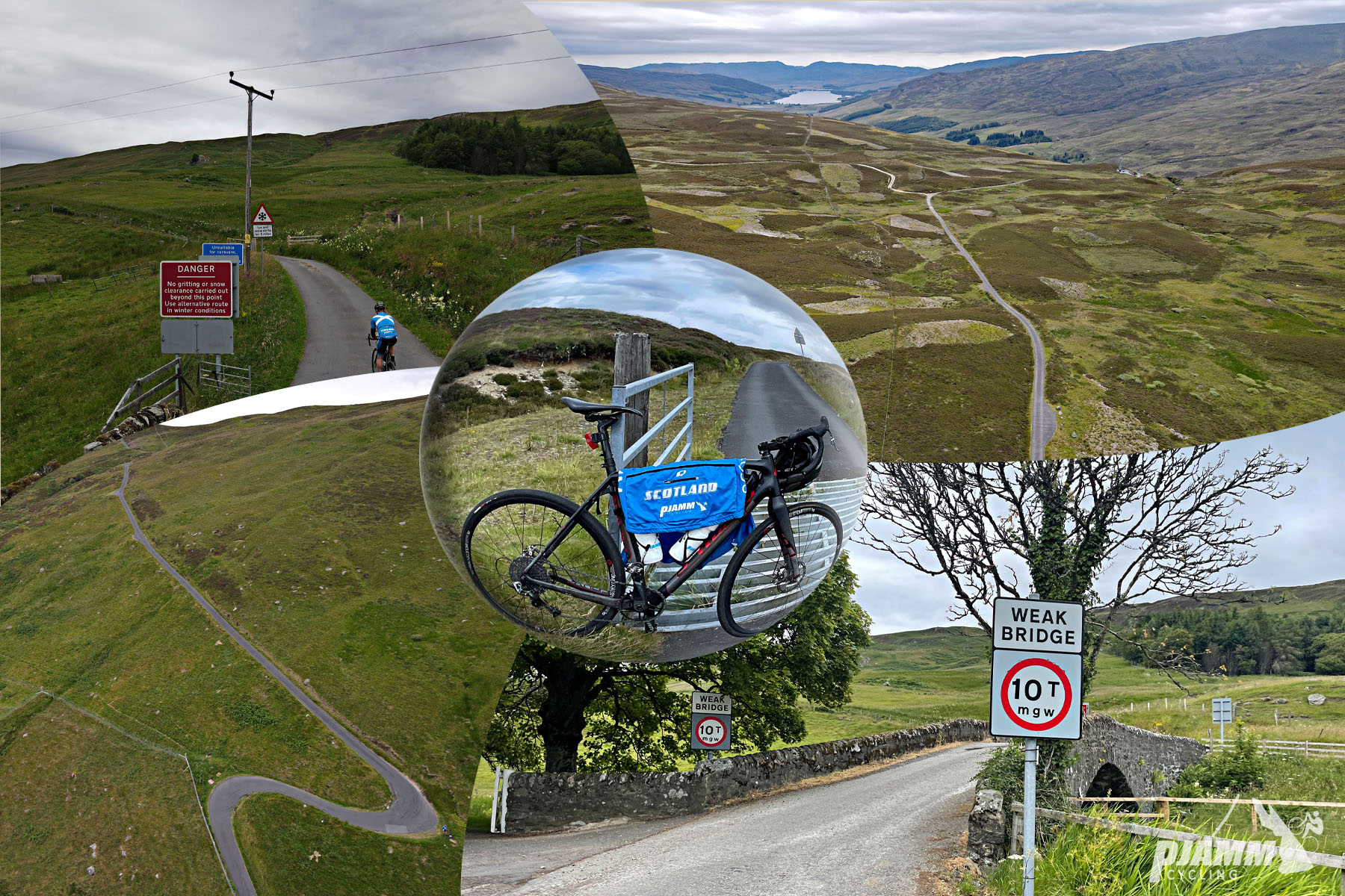 photo collage shows roadway snaking across Scottish Highland hillsides, PJAMM bike parked next to cattle guard in roadway, road sign for Weak Bridge