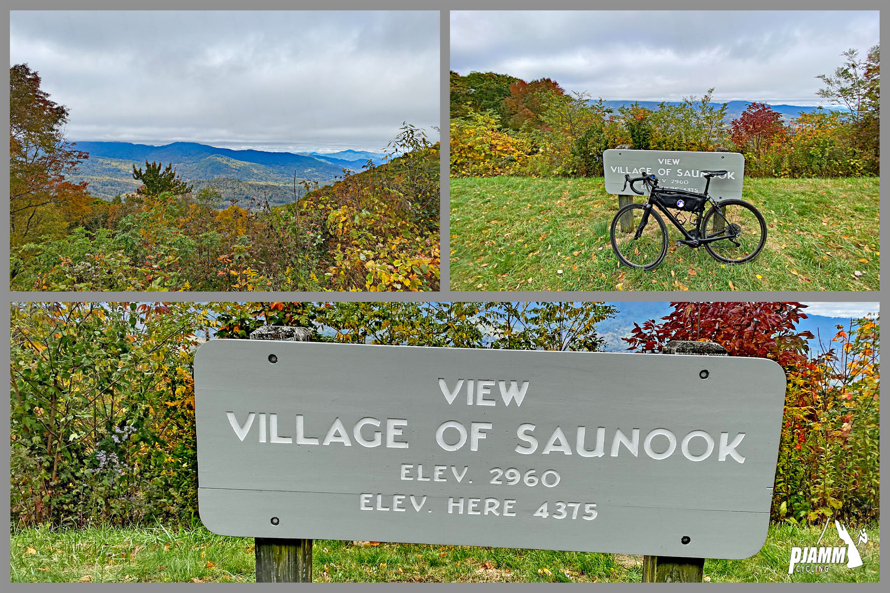 Cycling Richland Balsam, Blue Ridge Parkway - scenic overlook sign reads "View Village of Saunook," bike parked at sign, bright fall foliage