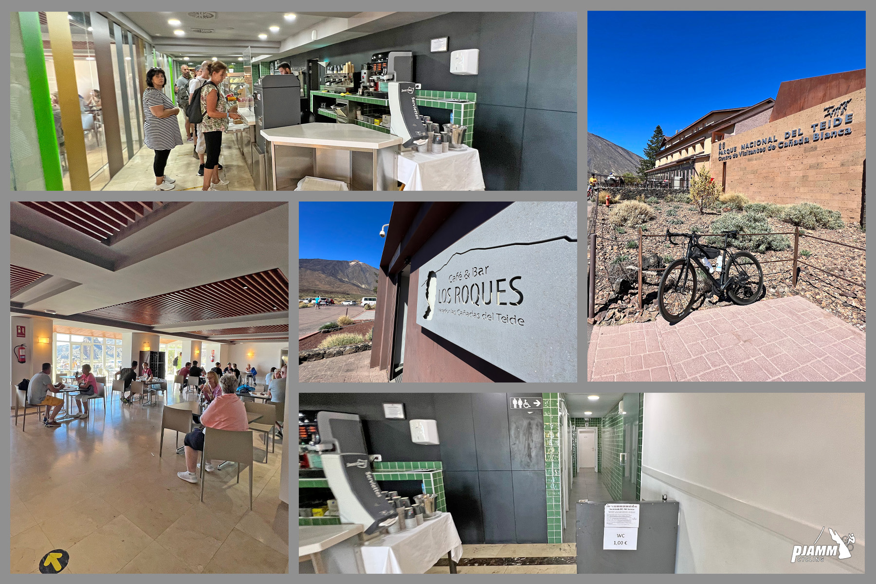 Cycling Mount Teide El Medano, Spain photo collage shows views inside and outside of Teide Visitor Center