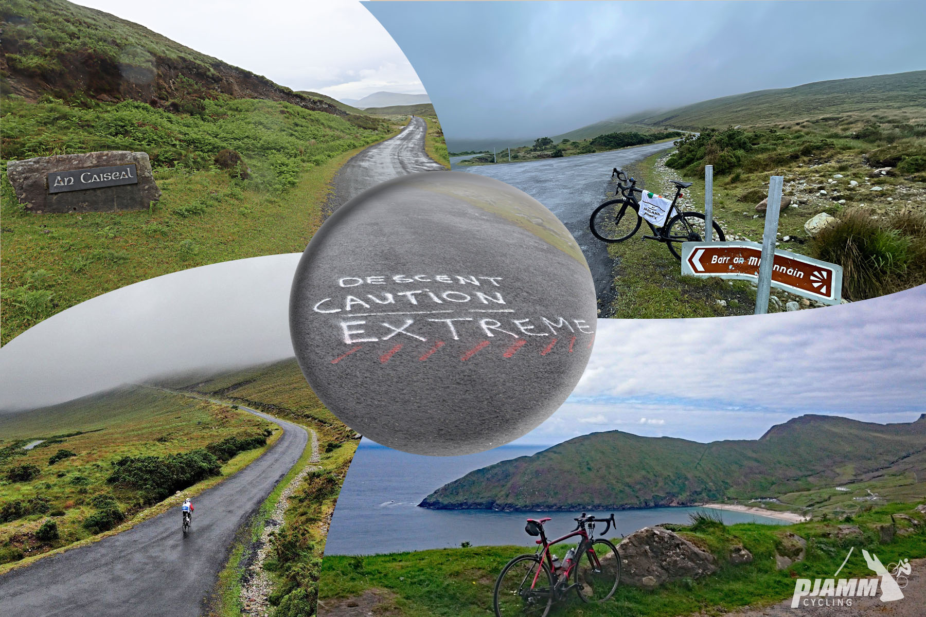 photo collage shows overcast views on Minaun climb; spray paint on roadway reads "Extreme Caution Descent"