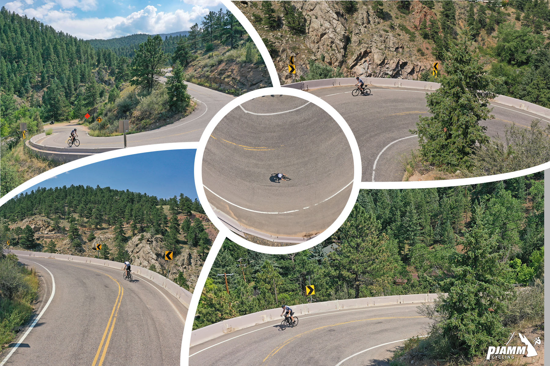 Climbing Magnolia Drive, Boulder, Colorado - PJAMM cycling logo in corner, multiple aerial drone views of hairpin curve in roadway