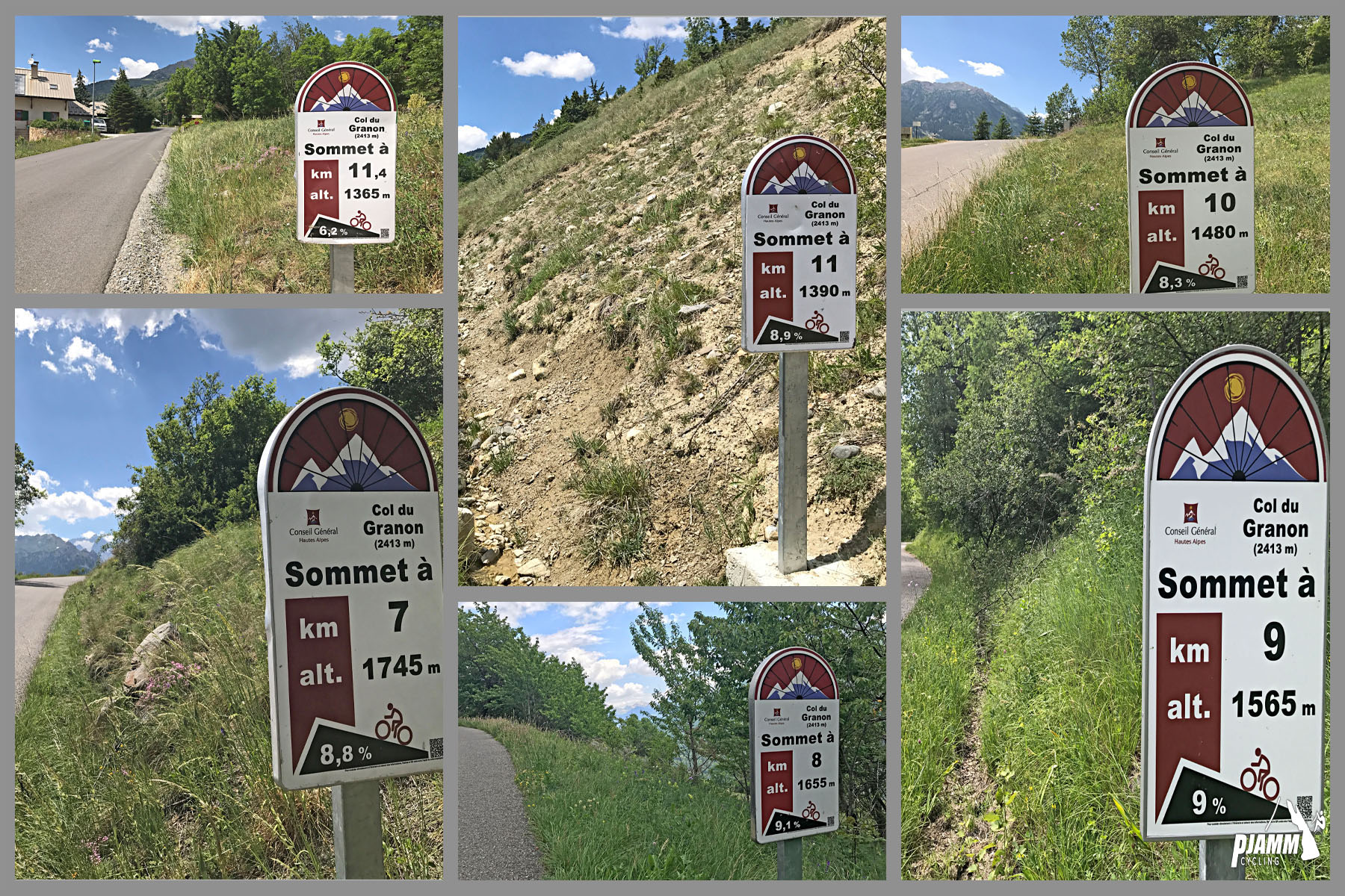 Cycling Col du Granon - photo collage shows KM markers along climb route