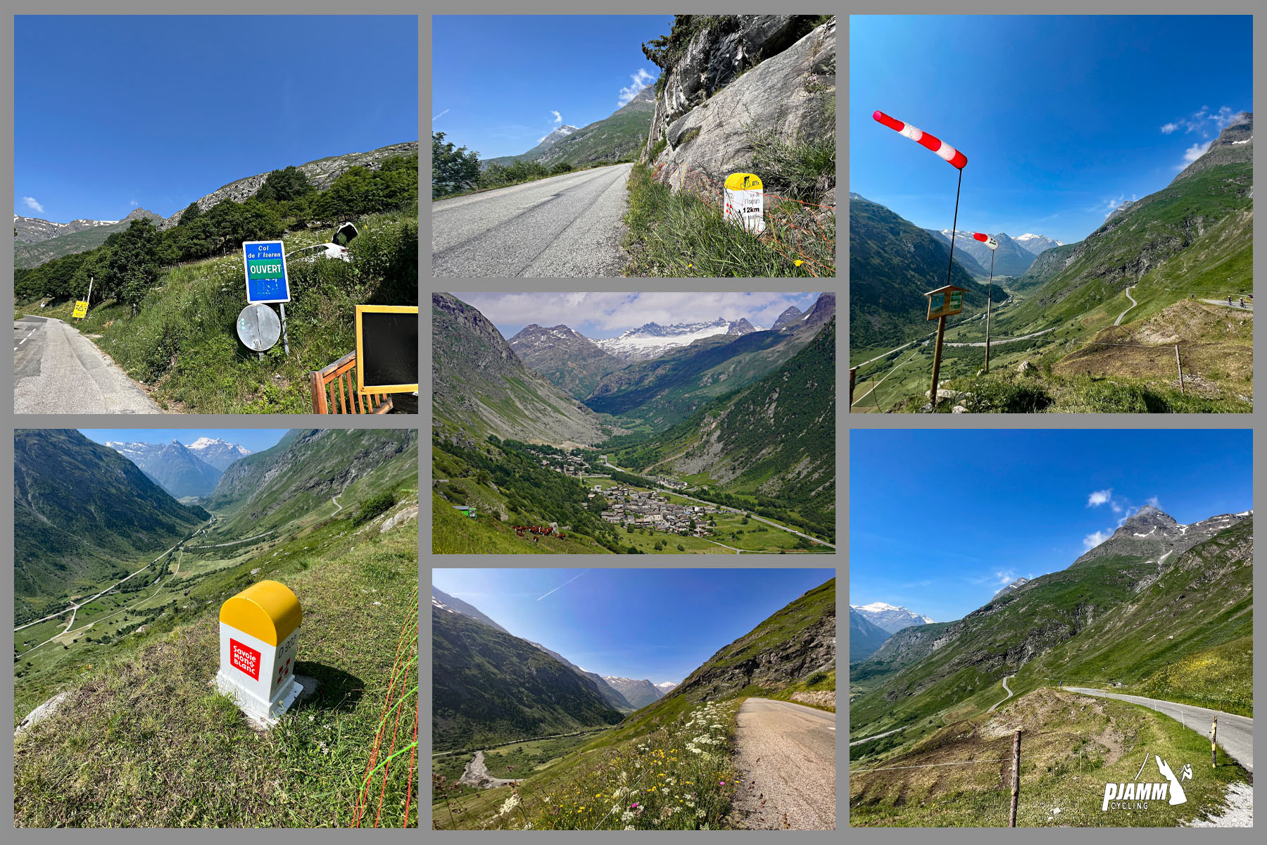Col de L'Iseran from Bonneval-sur-Arc: photo collage shows vies along first segment of climb; green mountain landscapes, yellow and white kilometer markers