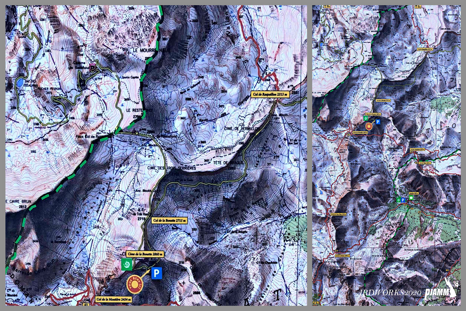Cycling Cime Bonette from Jausiers, France - Maritime Alps, French Alps subrange, topographical map