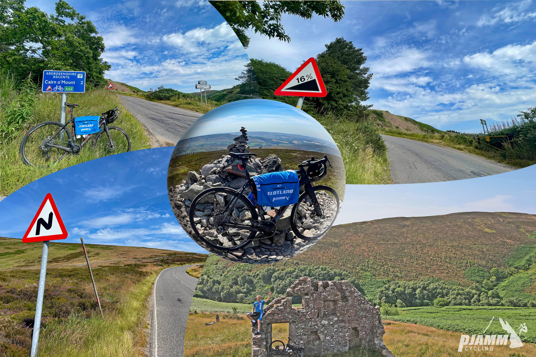photo collage shows bike parked in front of cairn at summit, large stone monument, street signs warning of switchbacks and 16% grade