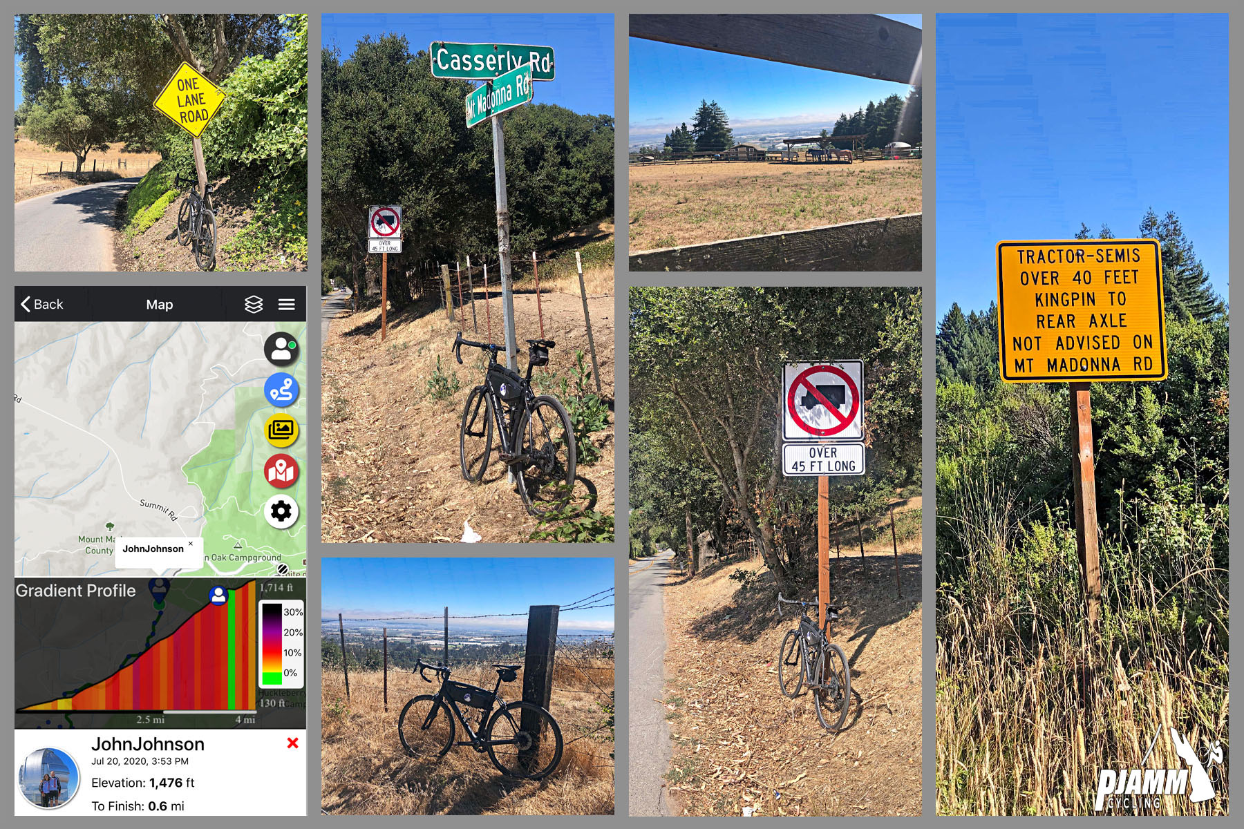 Cycling Mt. Madonna, Santa Cruz Mountains - photo collage, PJAMM Cycling logo in corner, bike parked along narrow road against road sign for One Lane Road, bike parked against road sign for Casserly Road, bike parked against road sign warning no trucks over 45 feet on road, bike parked against fence overlooking mountain ranges, road sign warning that Tractors & Semis over 40 feet not advised on Mt. Madonna Road, ride map and gradient profile