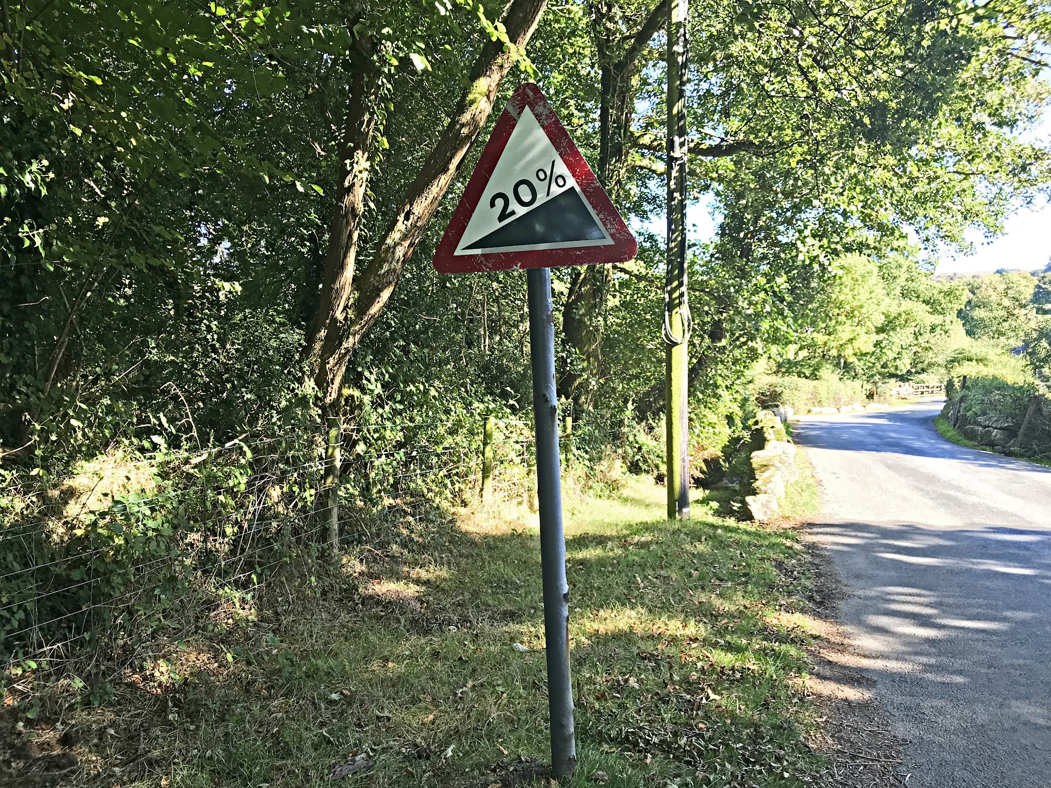 Cycling Widecombe  - road sign for 20% grade along one-lane road