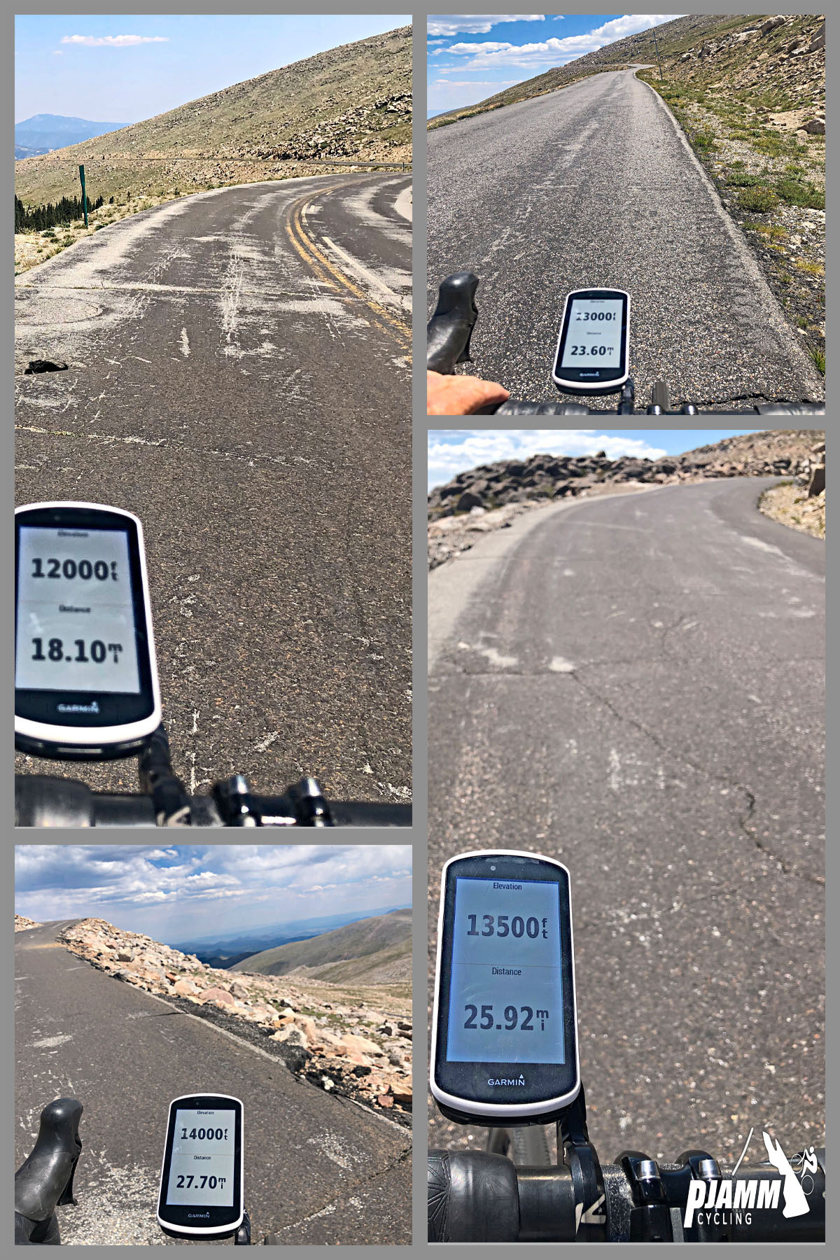 Cycling Mt. Evans, Colorado Cycling Mt. Evans, Colorado - photo collage, PJAMM cycling logo in corner, views of Garmin device with readings of 12,000, 13,000 13,500, and 14,000 feet