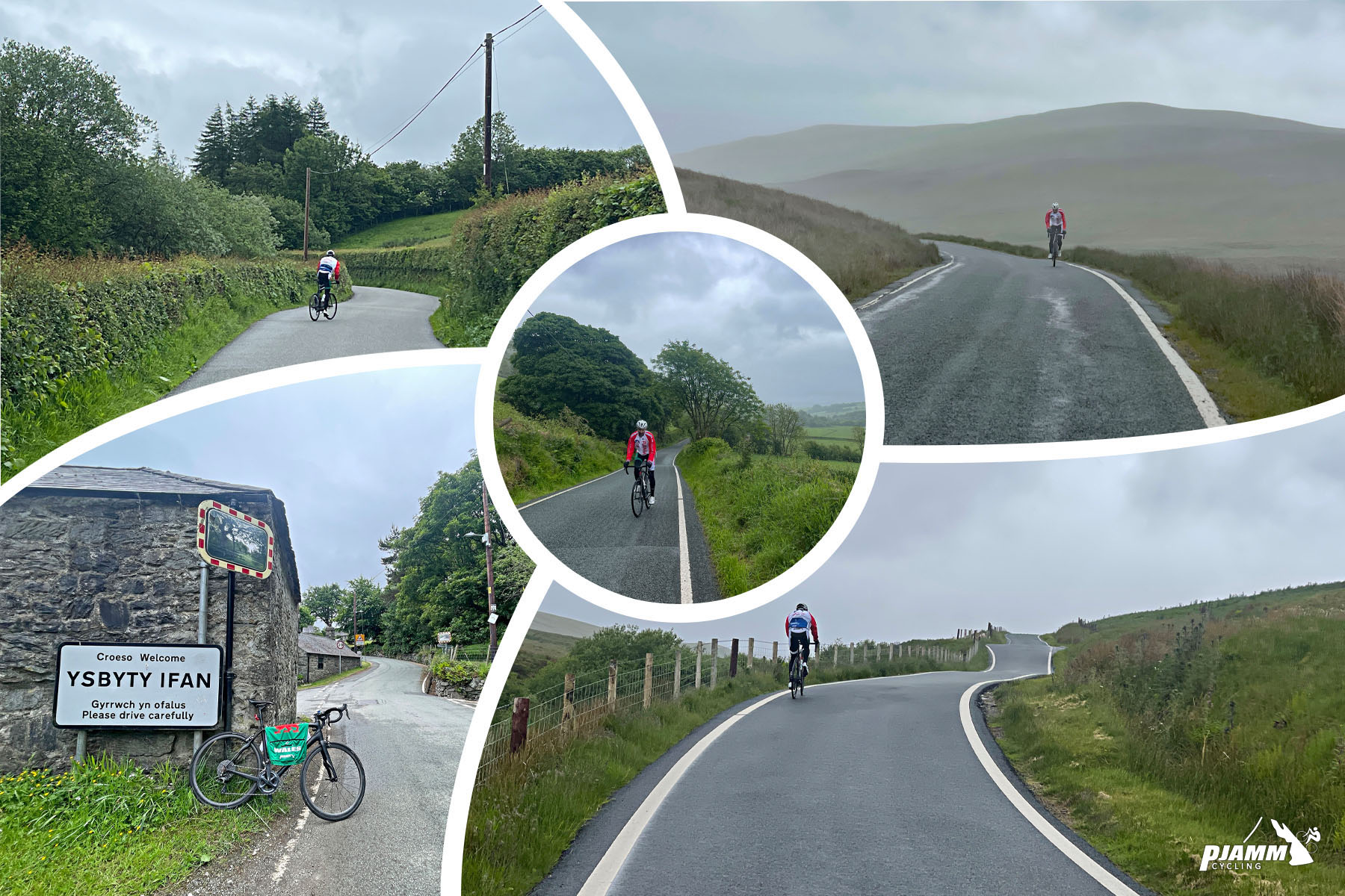 Cycling Migneint Pass, Wales photo collage shows PJAMM Cyclist riding through fog and mist on country roadway surrounded by rolling moorlands