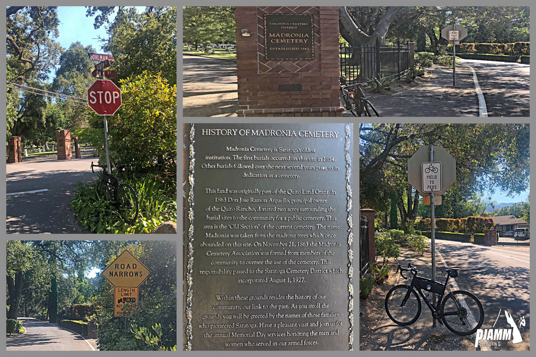 Cycling Bohlman Road, Saratoga, California - photo collage, PJAMM Cycling logo in corner, bike parked against brick signage for Madronia Cemetery, plaque for Madronia cemetery, bike parked against road sign noting bikes yield to pedestrians