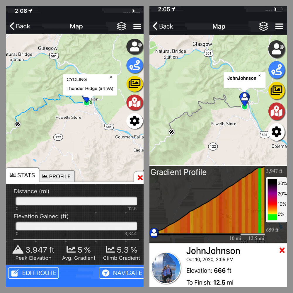 Cycling Thunder Ridge, Blue Ridge Parkway, Virginia - PJAMM Adventure App showing ride overview and gradient