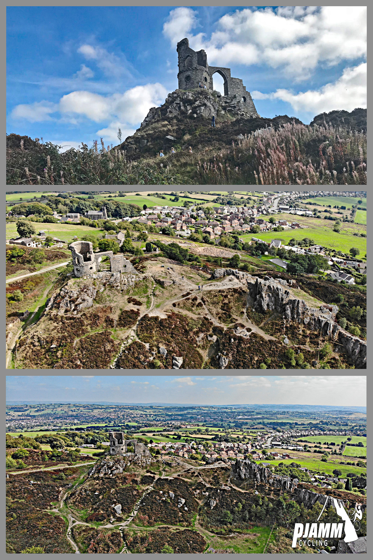 Cycling Mow Cop - PJAMM Cycling logo in corner, aerial view of Mow Cop Castle built atop the hillside, winding road leading up to castle, village behind castle