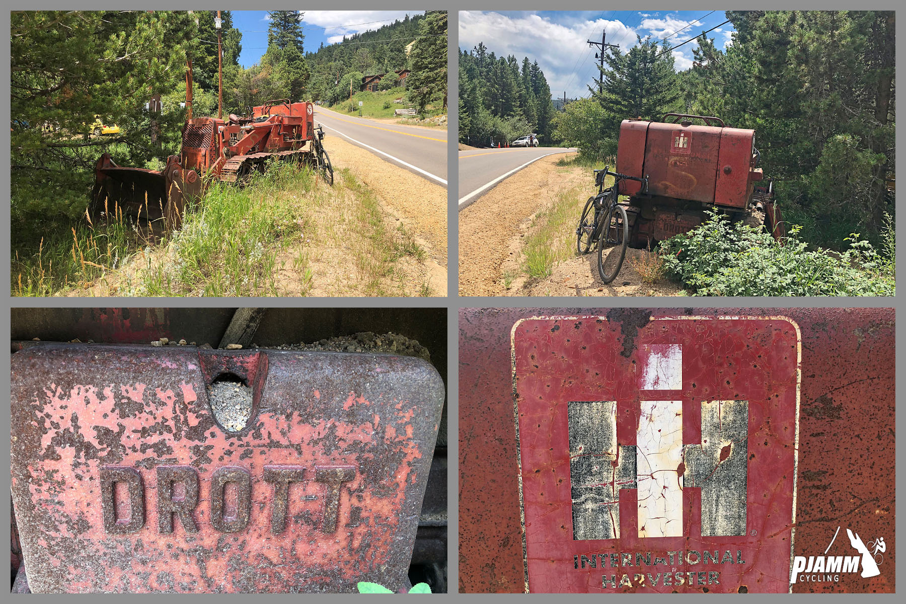 Cycling Left Hand Canyon, Boulder, Colorado - photo collage, PJAMM Cycling logo in corner, bike parked against old red rusted piece of equipment