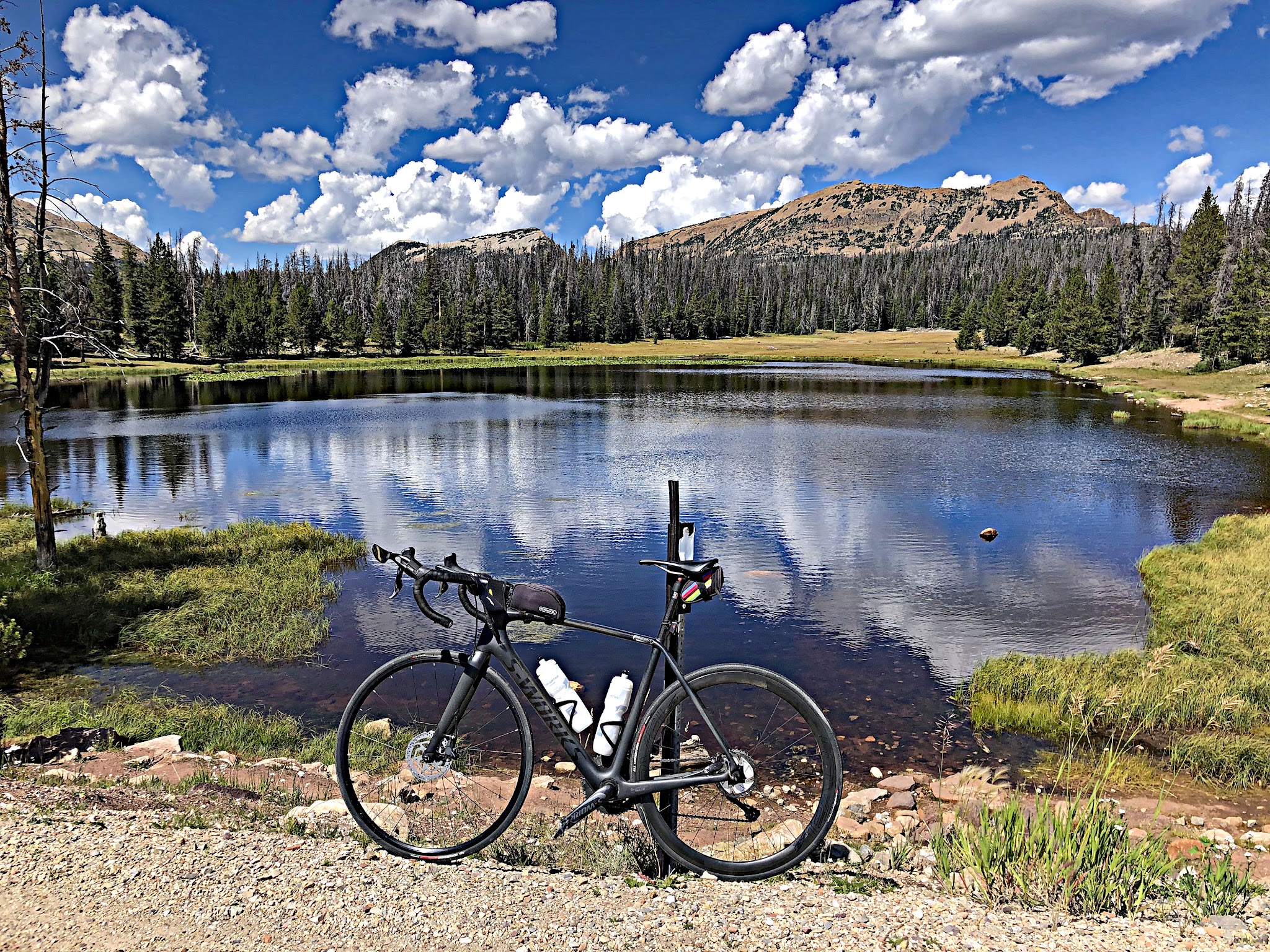 Climbing Bald Mountain Summit Utah by bike - bike next to Lost Lake