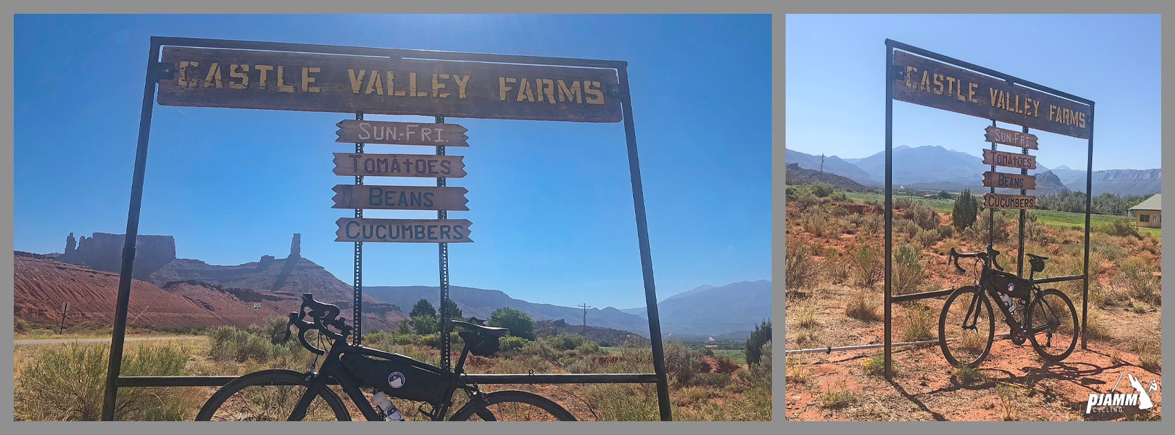 Cycling La Sal Loop Road at Castle Valley - PJAMM Cycling logo in corner, bike parked in front of sign for Castle Valley Farms "Sun-Fri Tomatoes, Beans, Cucumbers"