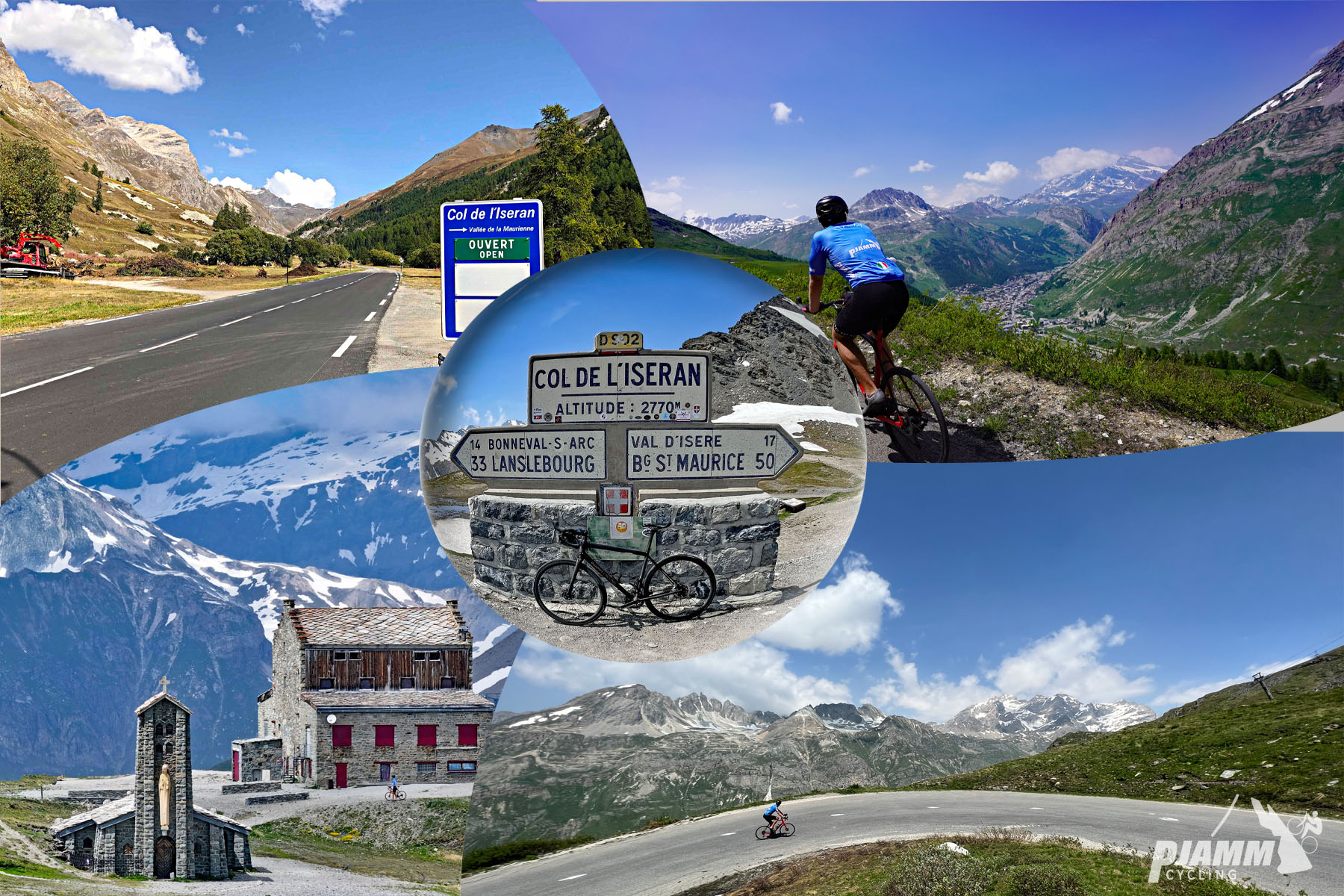 Cycling Col de L'Iseran: photo collage shows old cobblestone church, PJAMM cyclist riding on large curve in mountain roadway, bike parked next to road sign for Col de L'Iseran