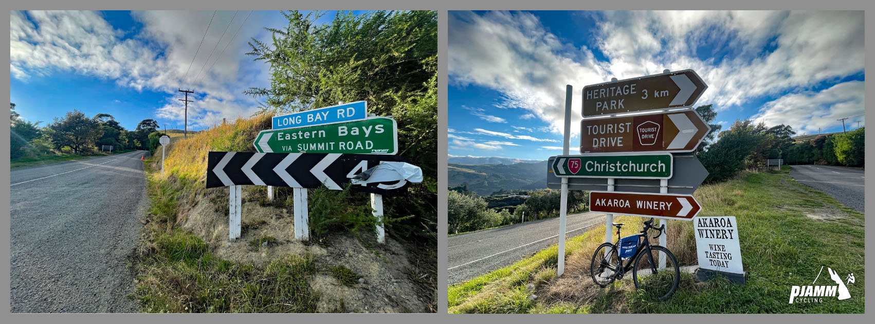 road signs for Long Bay Road, Eastern Bays, Summit Road, winery, Christchurch