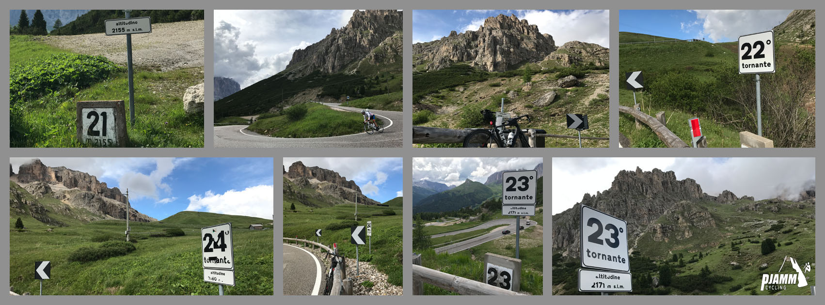 Cycling Passo Pordoi from Canazei - road signs mark the turns on the climb