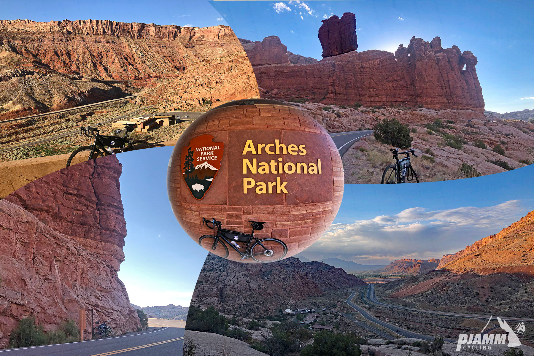 Cycling Arches National Park, Utah - photo collage, PJAMM Cycling logo in corner, bike parked in front of sign for Arches National Park, views along the first two miles, red rock formations
