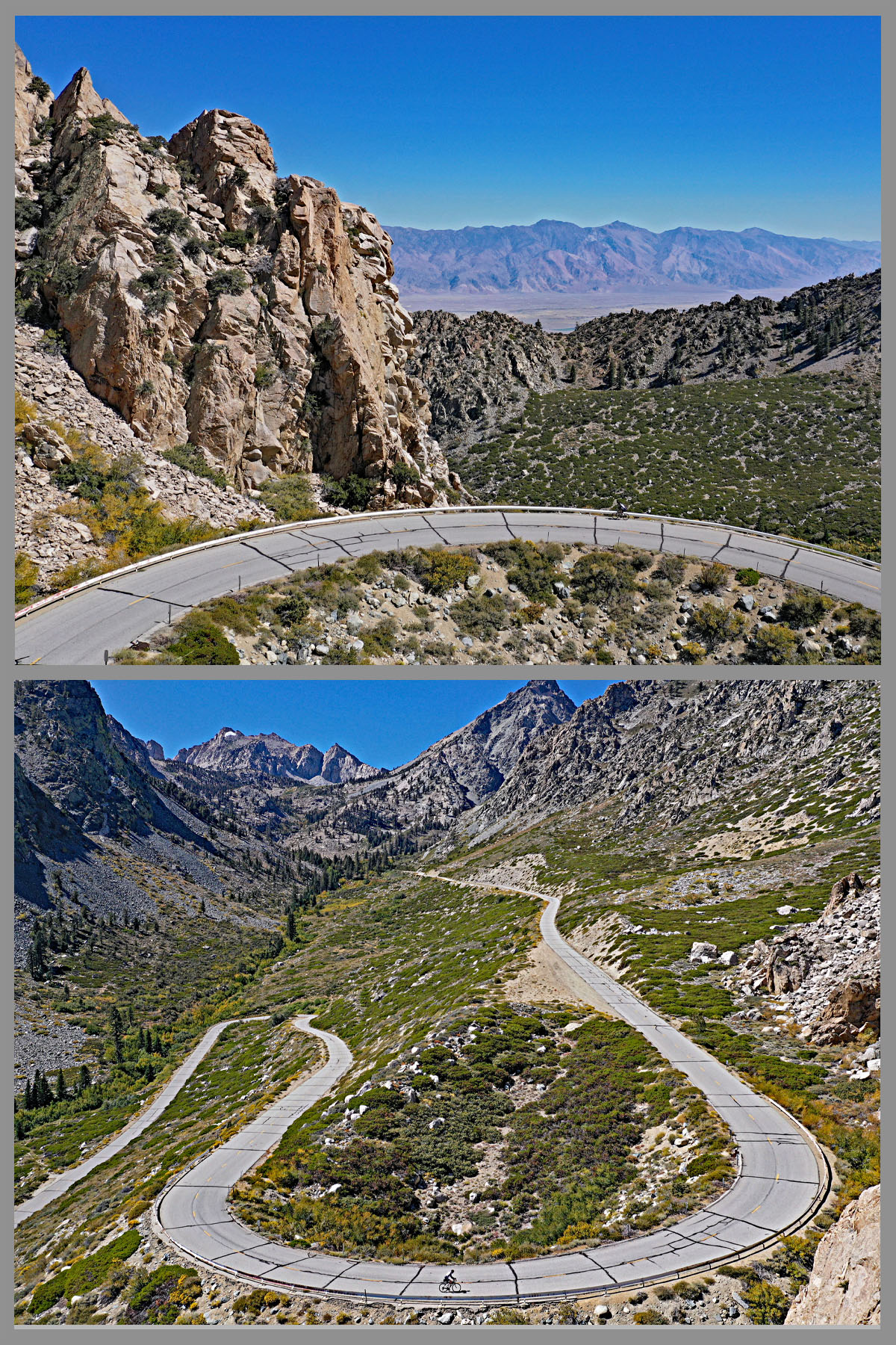 Climbing Onion Valley Road by bike - cyclist on giant hairpin with mountains in background