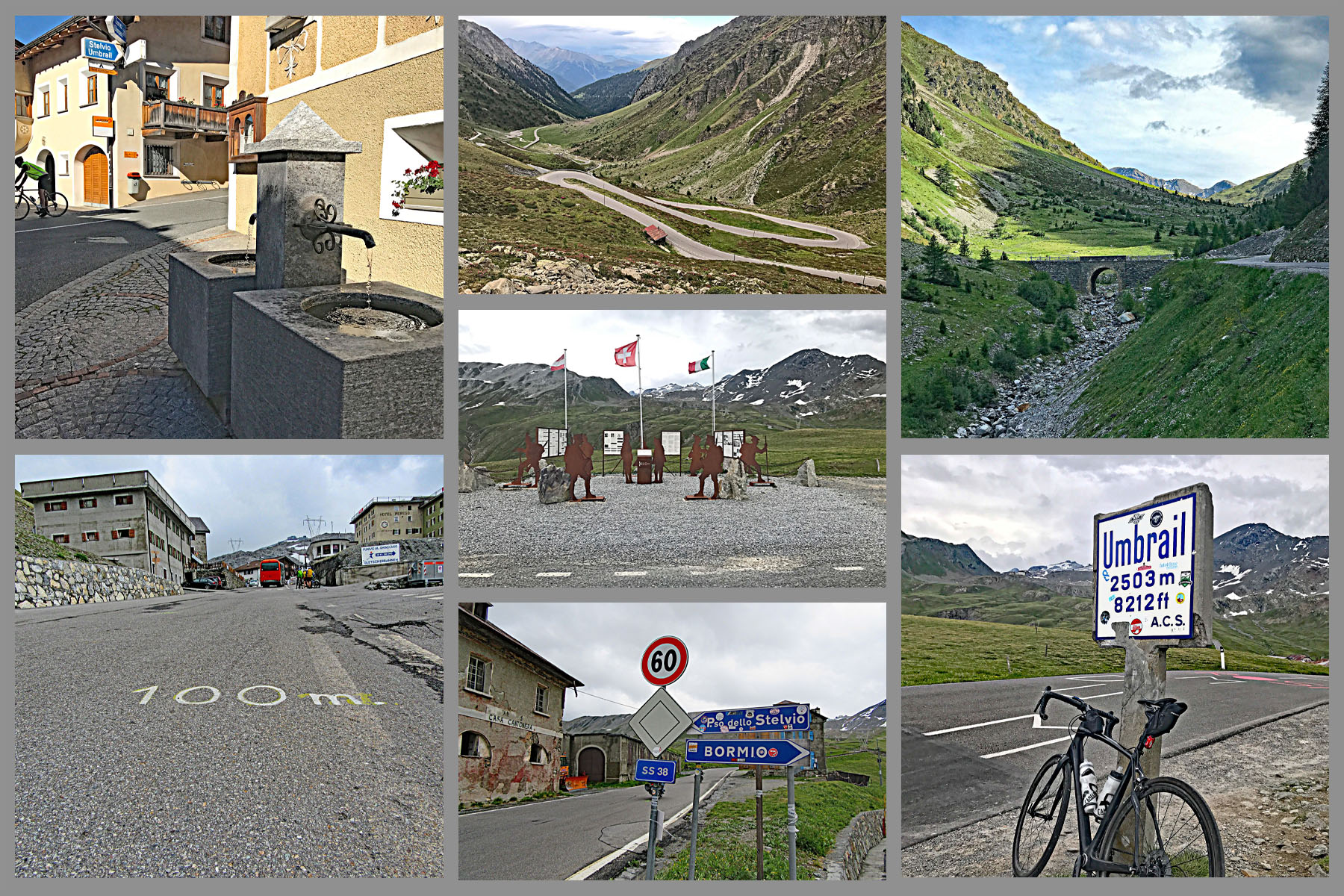 Cycling Passo Umbrail, Switzerland - photo collage, bike parked next to roadsign for Umbrail, swiss flag, road sign for 60 kph, switchbacks along mountainside, swiss alps