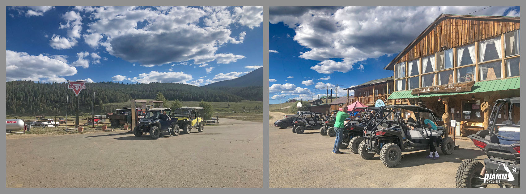 Cycling Cottonwood Pass, Taylor Camp, Colorado - PJAMM Cycling logo in corner, parking lot at Taylor Park Trading Post, lots of off road vehicles parked in parking lot