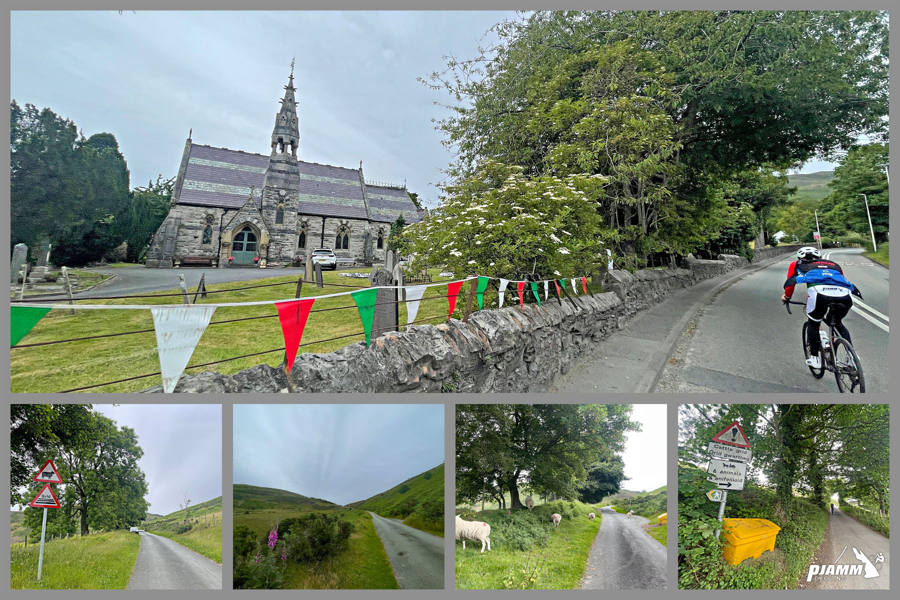 PJAMM Cyclists ride past large stone church at climb start, passing many sheep on roadway