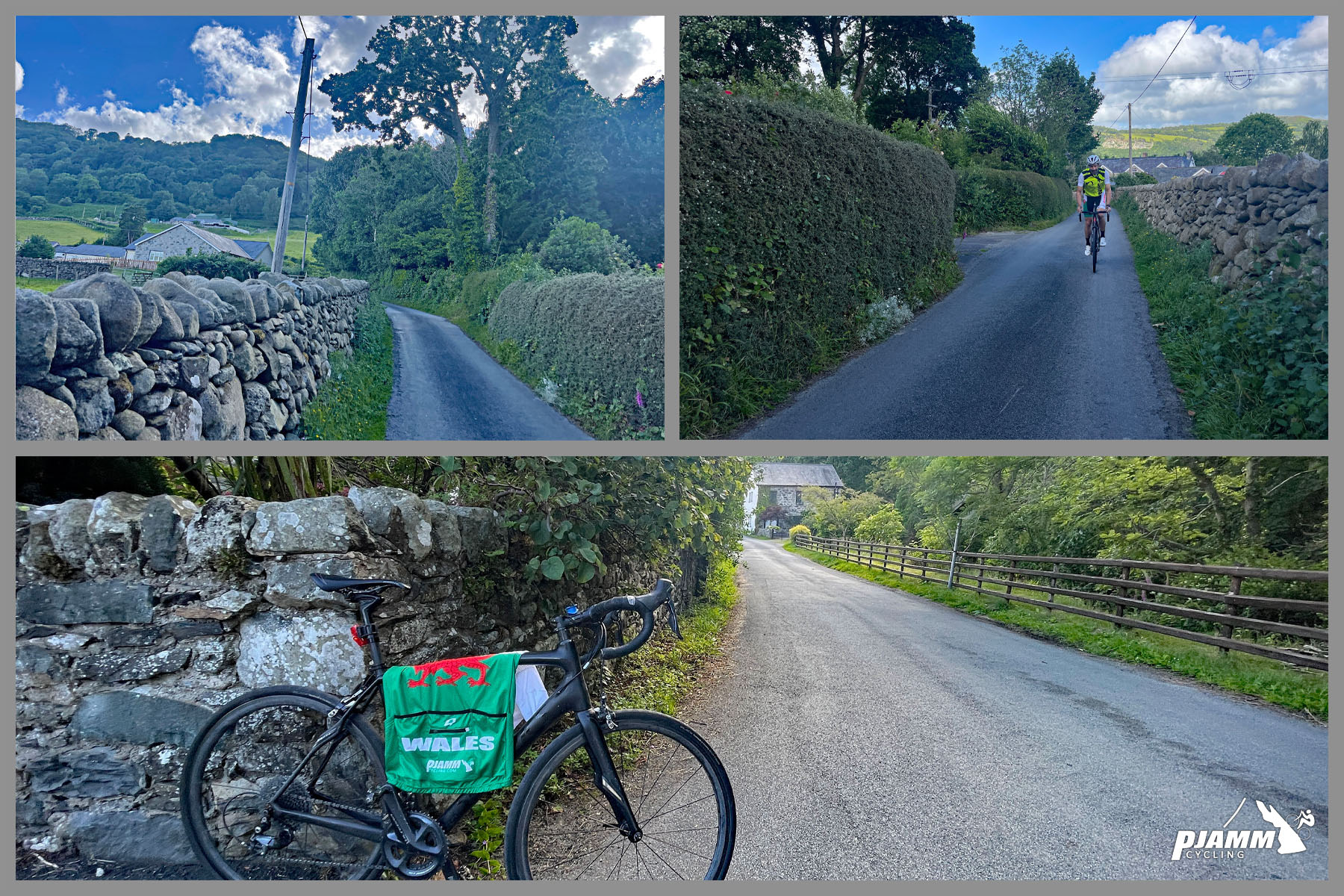photo collage shows bike parked against stone wall, narrow, one-lane road at climb's start