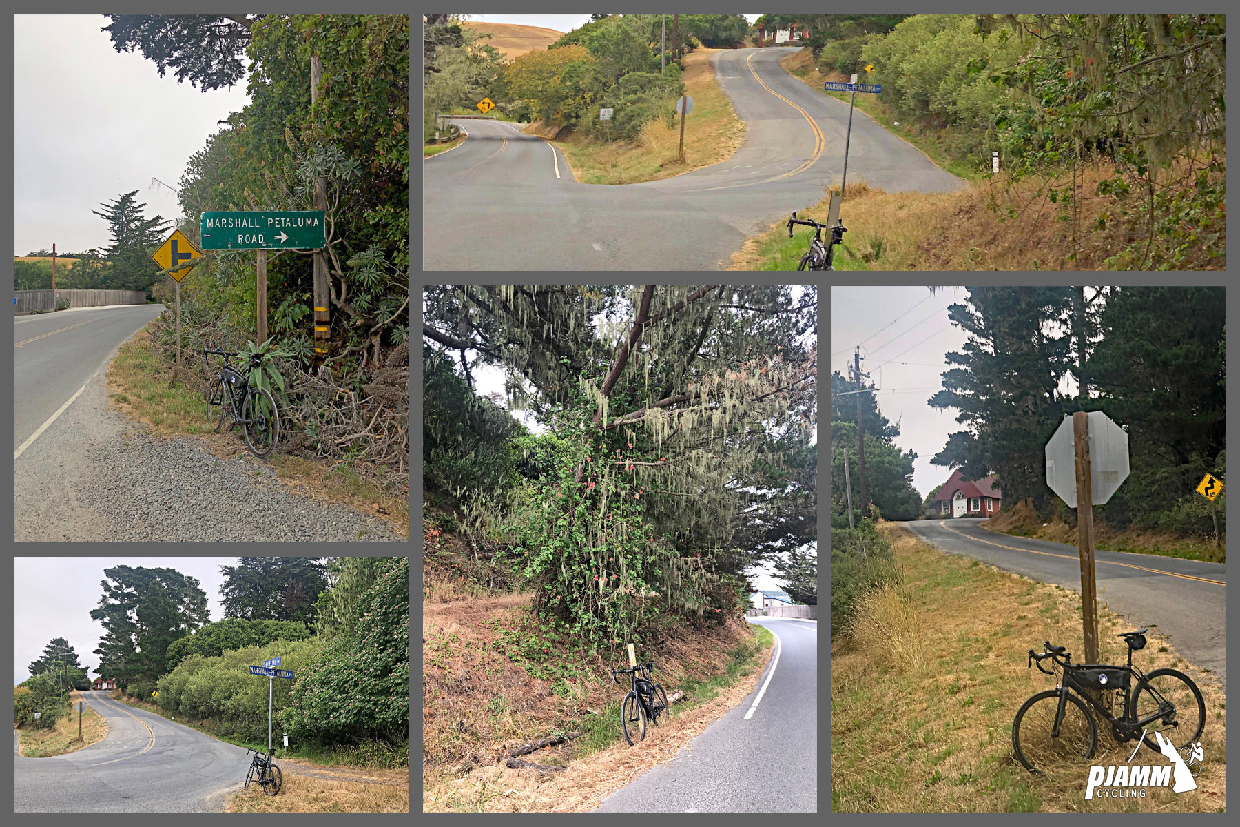 Cycling Marshall Wall West, Marin County, California - photo collage, PJAMM Cycling logo in corner, bike parked against road sign for Marshall Petaluma Road, view of turnoff at Marshall and Highway 1 intersection, bike parked against stop sign at intersection, and along side of road