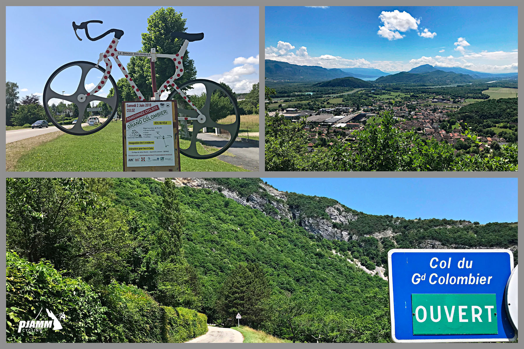 photo collage shows sign for col du gd Colombier Ouvert; views along roadway, and KOM polka-dotted bike statue