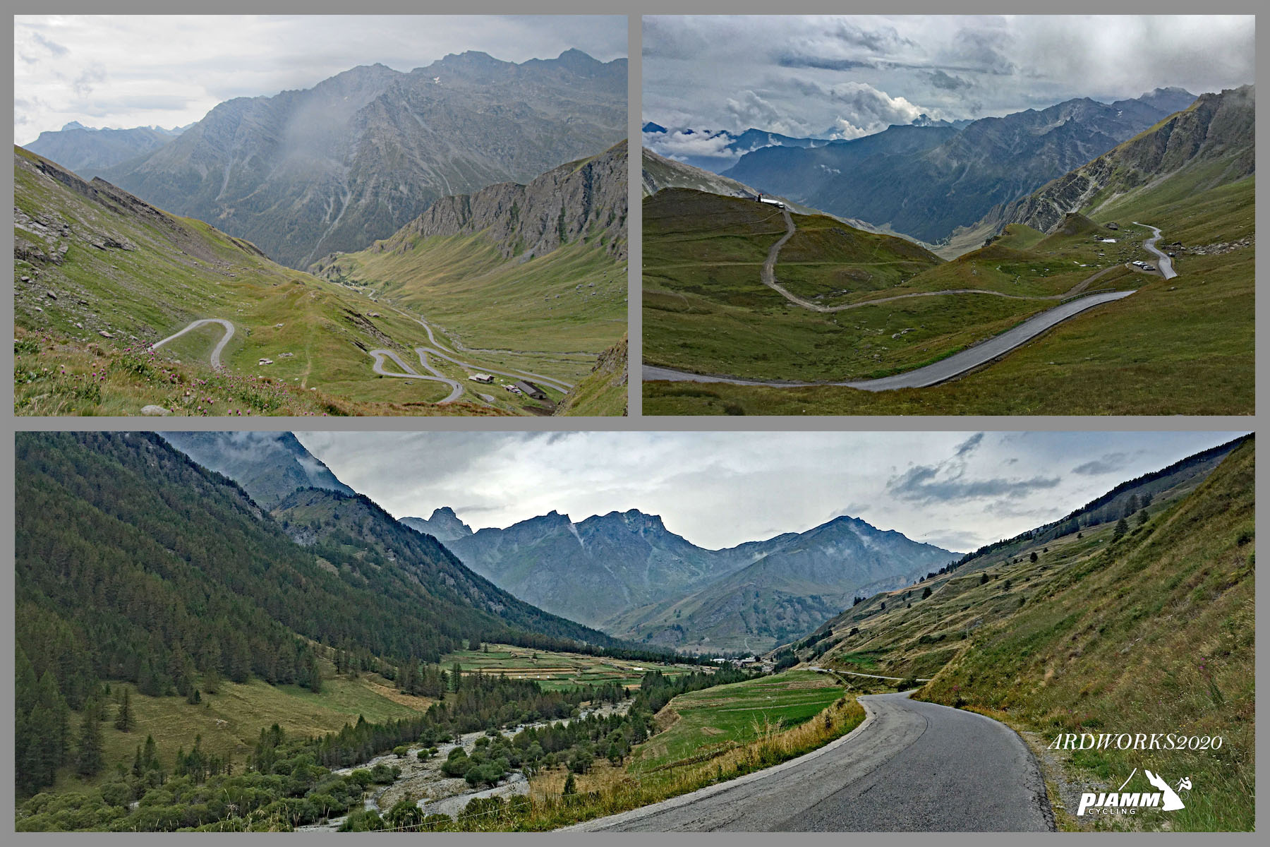 Cycling Colle dell’Agnello, France and Italy - photo collage, Cottian alps, roadway switchbacks through mountainside, French Alps, Italian Alps, PJAMM Cycling logo in corner