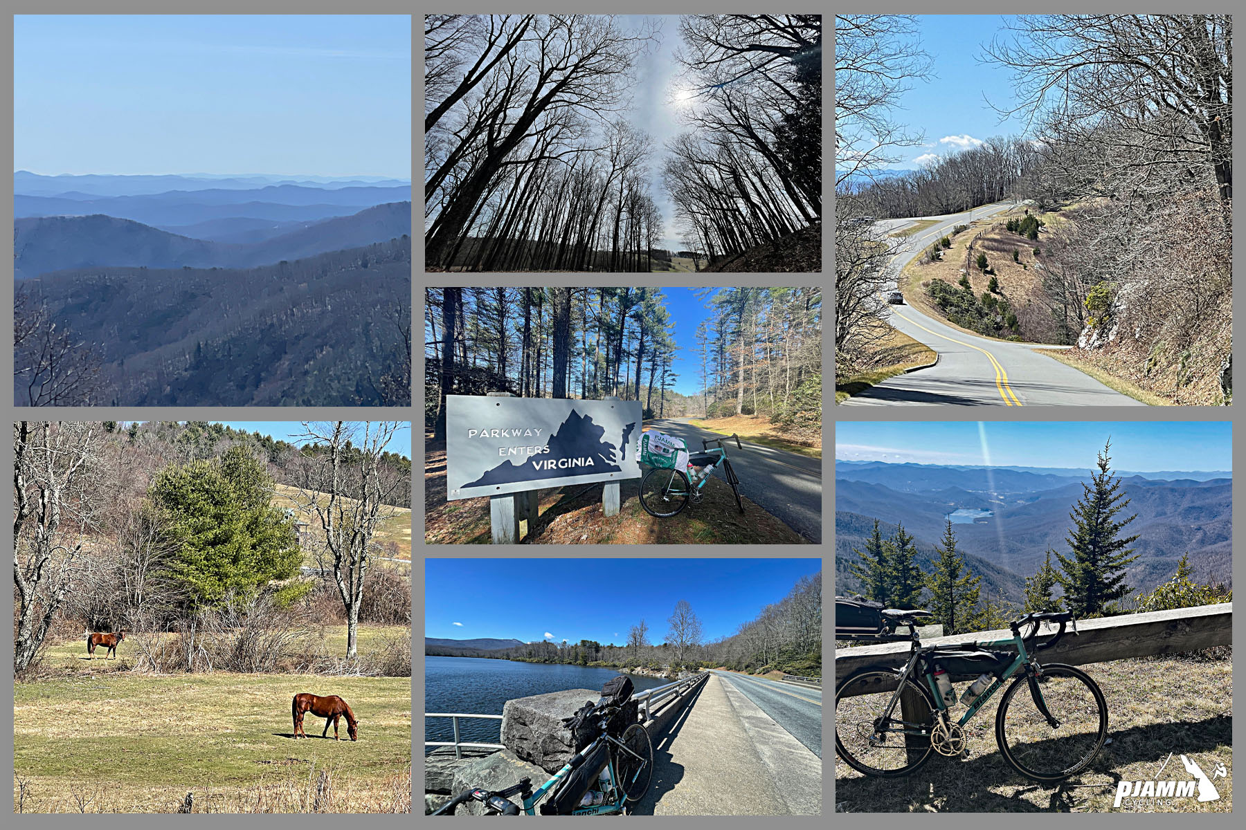 photo collage shows views along the trip from West Jefferson, North Carolina to Galax, Virginia, including horses grazing in pasture, beautiful tall dense trees with no leaves, bike parked next to retaining wall along lake, mountain views