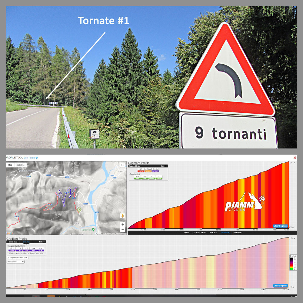 Cycling Monte Zoncolan from Sutrio - first of 9 hairpin turns (toranti) starting at km 1.5; climb grade and overview