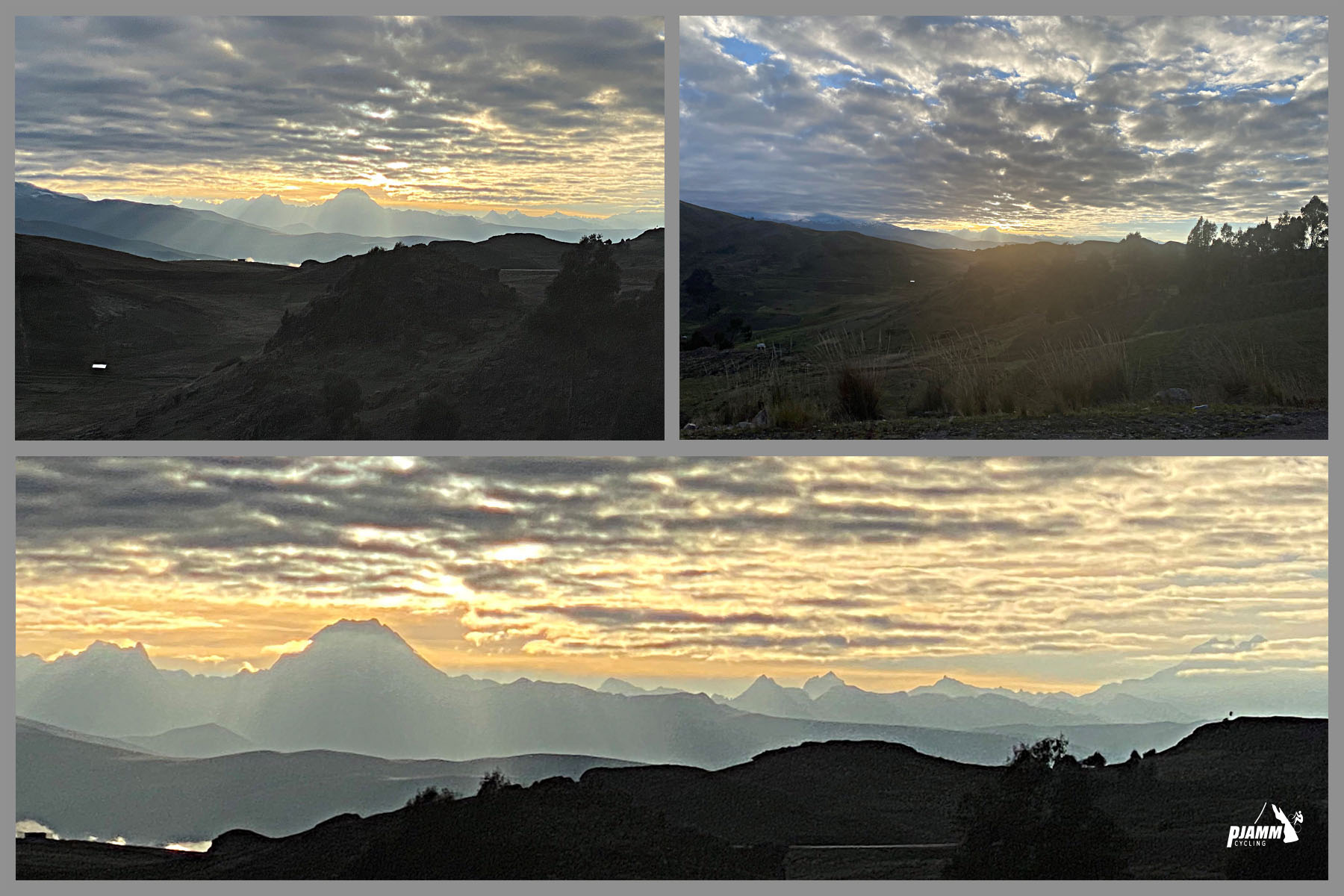 Cycling Punta Callan East, Peru - photo collage shows views of the 6am sunrise on the day PJAMM Cycling climbed Punta Callan East; pastel covered skies and sharp mountain peaks in silhouette 