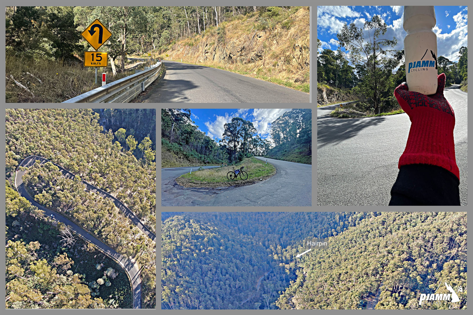 aerial drone view of hairpins along the climb, road surrounded by dense forestation