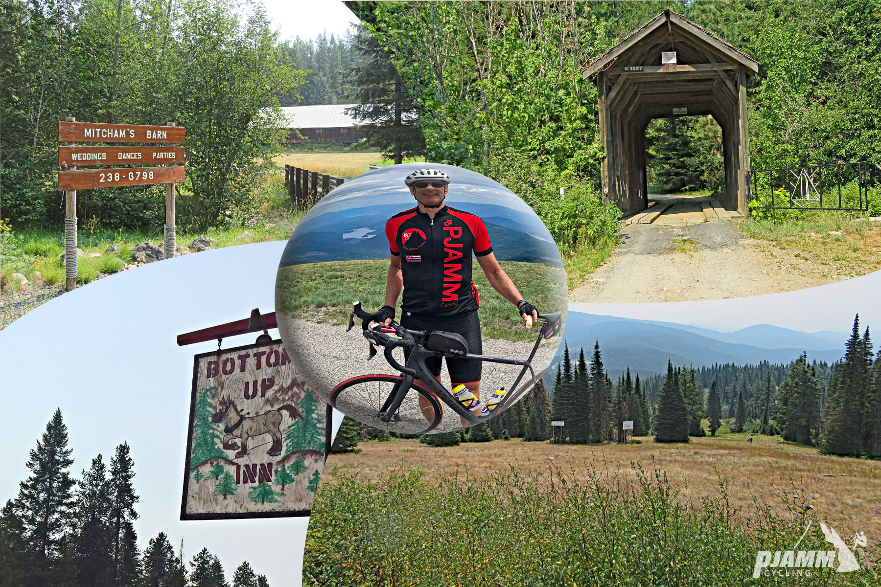 Cycling Mt. Spokane, Washington - photo collage, PJAMM Cycling logo in corner, cyclist wearing PJAMM Cycling jersey posing with bike on roadside, sign for Bottom Up Inn, wooden sign for Mitcham's Barn, old covered bridge