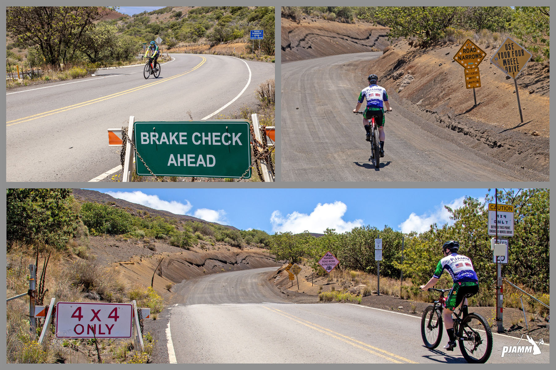 photo collage shows PJAMM Cyclists reaching the gravel portion of the roadway, about 2/10ths of a mile up from the Visitor's Center