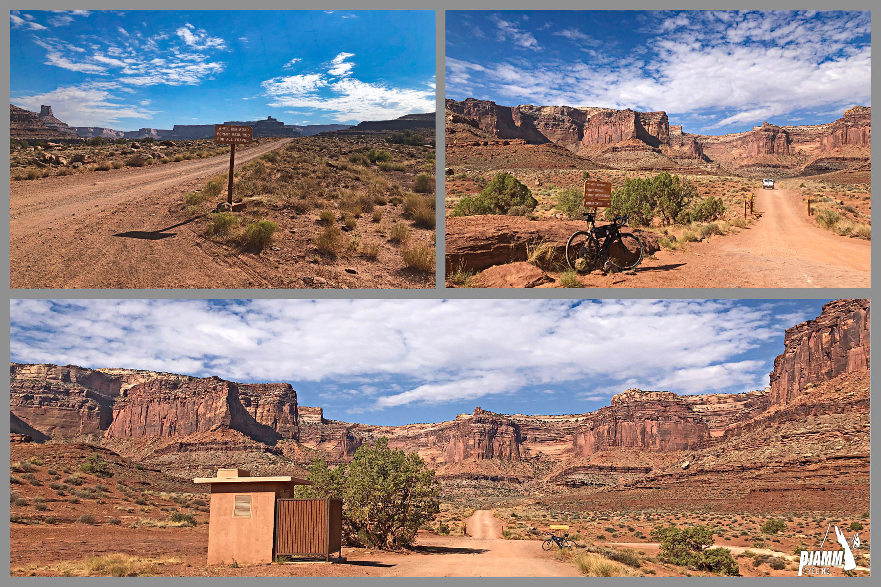 Cycling Shafer Trail, Canyonlands National Park - photo collage, PJAMM Cycling logo in corner, climb start at junction of White Rim Road, Potash Road, and Shafer Trail, gorgeous views from within valley of rock outcropping and walls all around, bike parked against road sign at climb's start